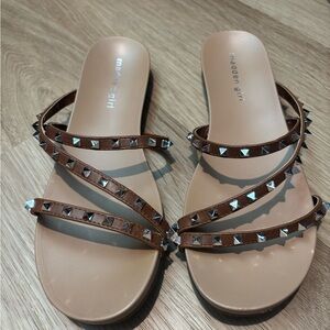 madden girl Brown Studded Strappy Slide Sandals